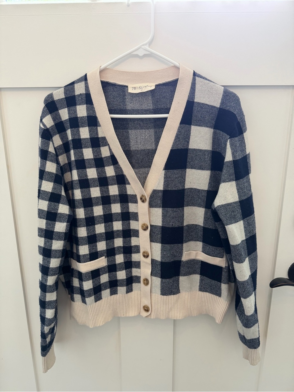 78|SUNFLOWER Navy & Cream Check Cardigan with Button Front